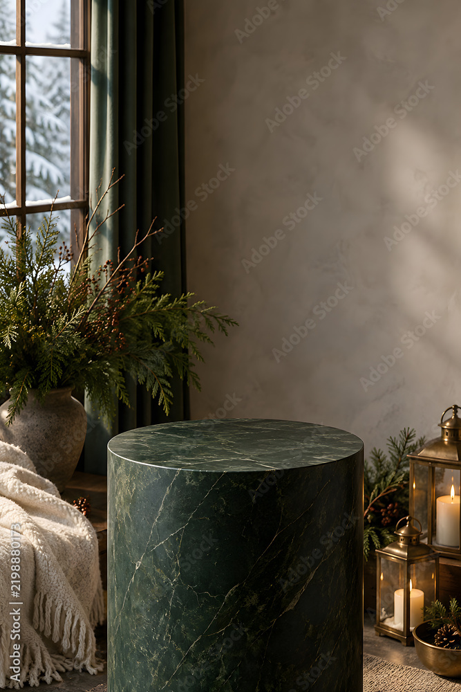 Obraz premium Dark green stone pedestal beside lanterns and a winter window