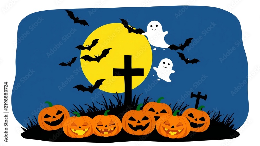 Fototapeta premium Happy halloween scene with cute ghosts bats pumpkins and a cross under a full moon in the night sky