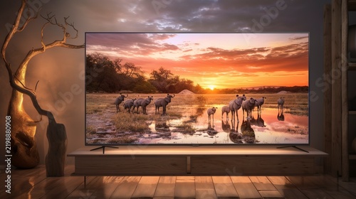 A photo of an LED TV showing a wildlife scene.