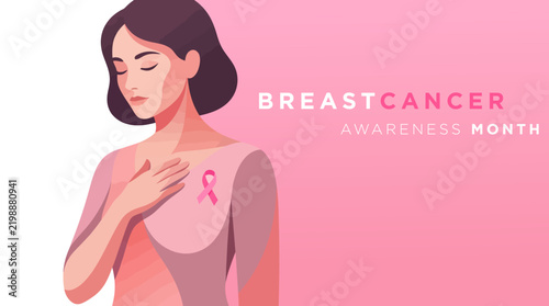 Breast Cancer Awareness Month vector illustration with woman holding her chest and pink ribbon symbol on pink background for medical campaign banner