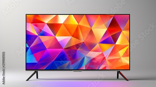 A photo of an LED TV with a colorful geometric design.