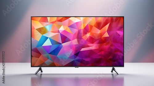 A photo of an LED TV with a colorful geometric design.