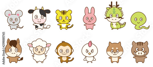 Naklejka かわいい十二支の動物セット シンプルな干支のイラスト素材