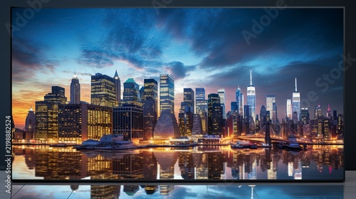 A photo of an LED TV with a night cityscape on screen.