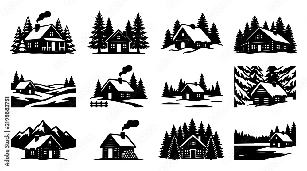 Fototapeta premium Mountain Cabins Set with Snowy Landscapes and Pine Trees Featuring Mountains