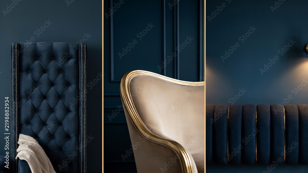 Fototapeta premium Close up view of dark blue velvet upholstery with tufted buttons and gold trim details