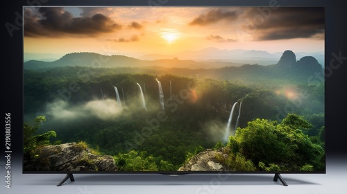 A photo of an LED TV with a vibrant landscape image.