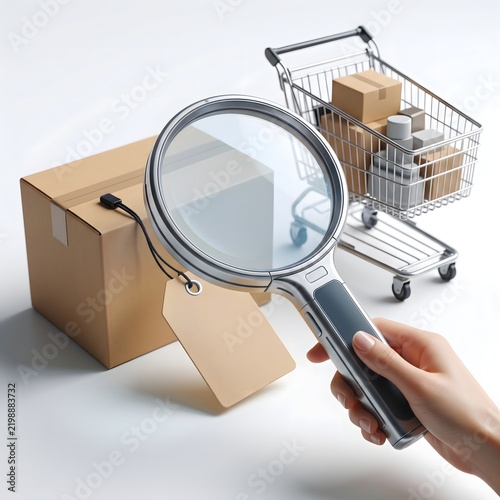 Hand holding magnifying glass over cardboard box with shopping cart in background.