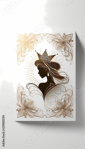 A sophisticated feminist banner with a silhouette of a woman with a crown, and delicate geometric line art, Ai generated image