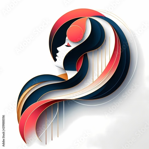 A dynamic, contemporary banner with an abstract geometric design of a womans profile and a rising sun, Ai generated image