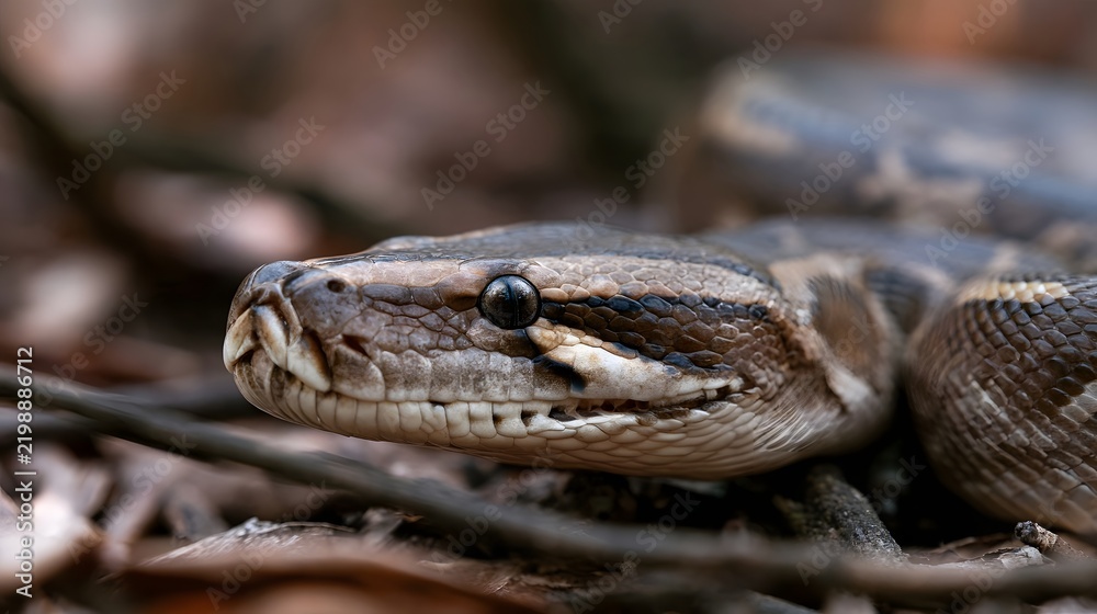 Obraz premium Close up of a python s head with detailed scales and focused eye resting among dry leaves and twigs in natural habitat