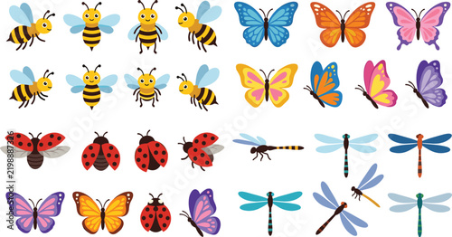 Cute Cartoon Insect Collection Featuring Bees, Butterflies, Ladybugs and Dragonflies for Nature, Garden, Spring, Summer and Kids Designs