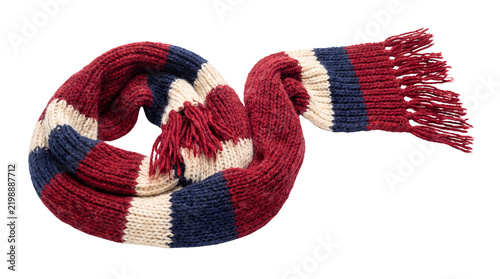 Knitted wool scarf with red and blue stripes, warm winter neckwear with fringe detail, cozy striped woolen muffler for cold weather fashion isolated PNG with Transparent Background