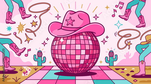 Whimsical cowboy disco scene with mirrorball and cactus on stage.