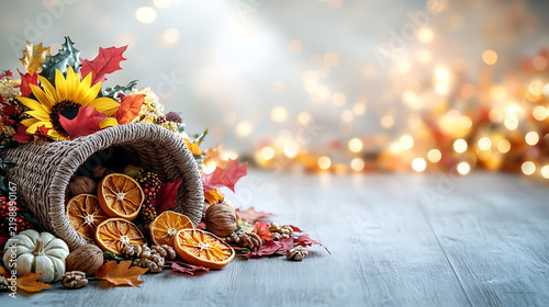 Wide ecommerce hero banner background featuring overflowing cornucopia with sunflowers dry fruits and massive right copy space