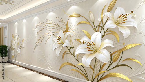 Luxurious hallway featuring a long wall with white lilies and golden plant relief