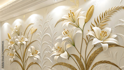 Elegant white lily wall sculpture with gold metallic leaves on light background