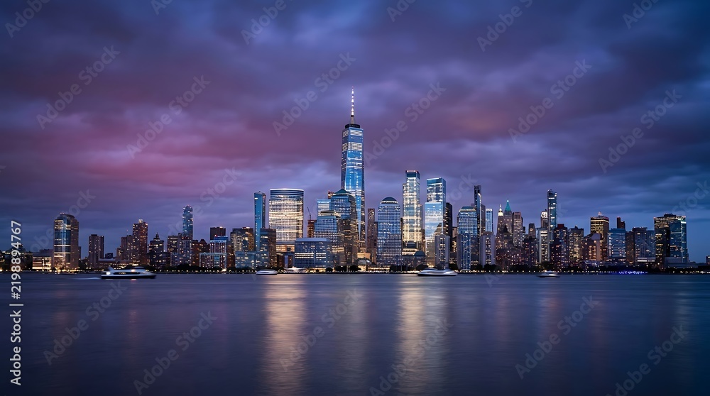 Fototapeta premium Breathtaking panoramic view of the lower manhattan skyline illuminated at dusk with reflections on the hudson river