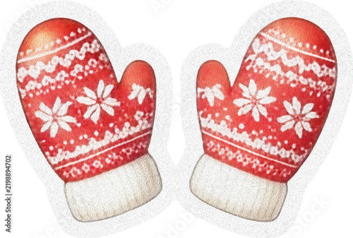 Red and White Santa Christmas Mittens with Nordic Pattern