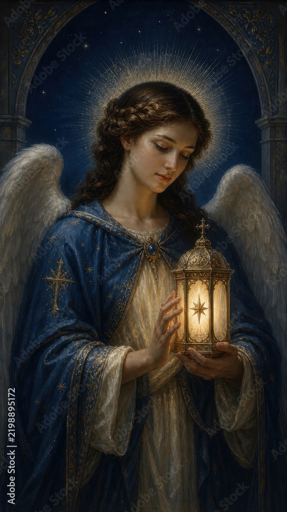 Fototapeta premium Mystic angelic woman holding glowing lantern, fantasy digital art mobile wallpaper
