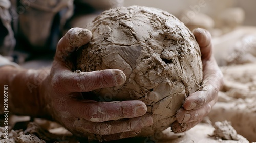 Hands of a child holding a handmade clay soccer ball.