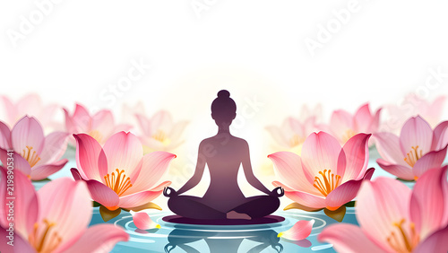 Serenity in Bloom: A silhouette of a person meditating amidst a tranquil sea of vibrant pink lotus flowers, embodying inner peace and mindfulness.