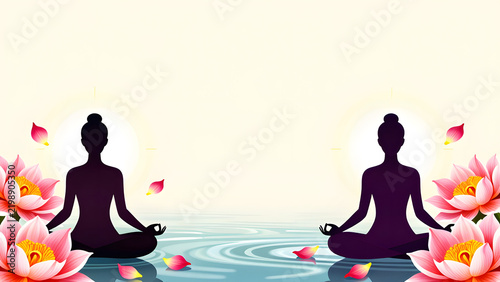 Tranquil Meditation: Two silhouetted figures sit in a meditative pose surrounded by vibrant lotus flowers and gentle water ripples, evoking a sense of inner peace and serenity.