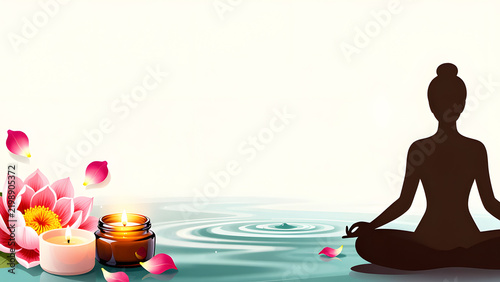 Serene Meditation with Lotus and Candles: A silhouette of a person in a meditative pose sits by tranquil water, adorned with a blooming lotus flower, glowing candles, and delicate petals.