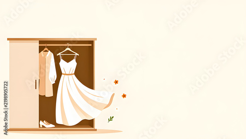 Wardrobe Wonderland: A stylish white dress is the centerpiece of an open wardrobe, alongside a blouse and a shoe, suggesting fashion choices and personal style.