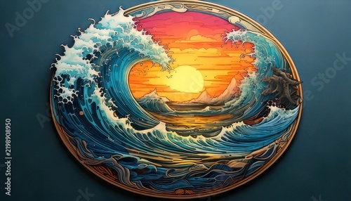 Vibrant ocean wave at sunset horizon.