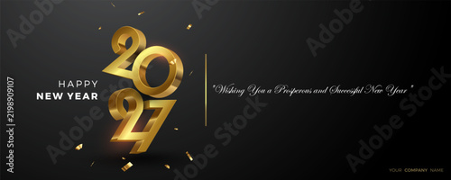 Luxury Happy New Year 2027 Banner with Vertical 3D Golden Numbers and Metallic Confetti, Manually Crafted Vector Illustration