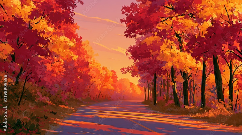 Obraz premium 紅葉が美しい秋の並木道に差し込む夕日の風景イラスト