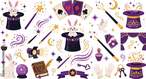 Obraz na plátně Magic show vector icon set with rabbit in top hat magic wand cards and illusion