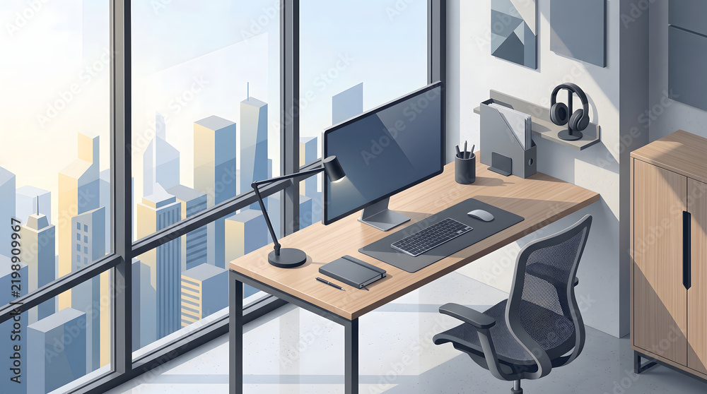 Obraz premium Modern home office workspace with a computer desk and ergonomic chair overlooking a bright city skyline view
