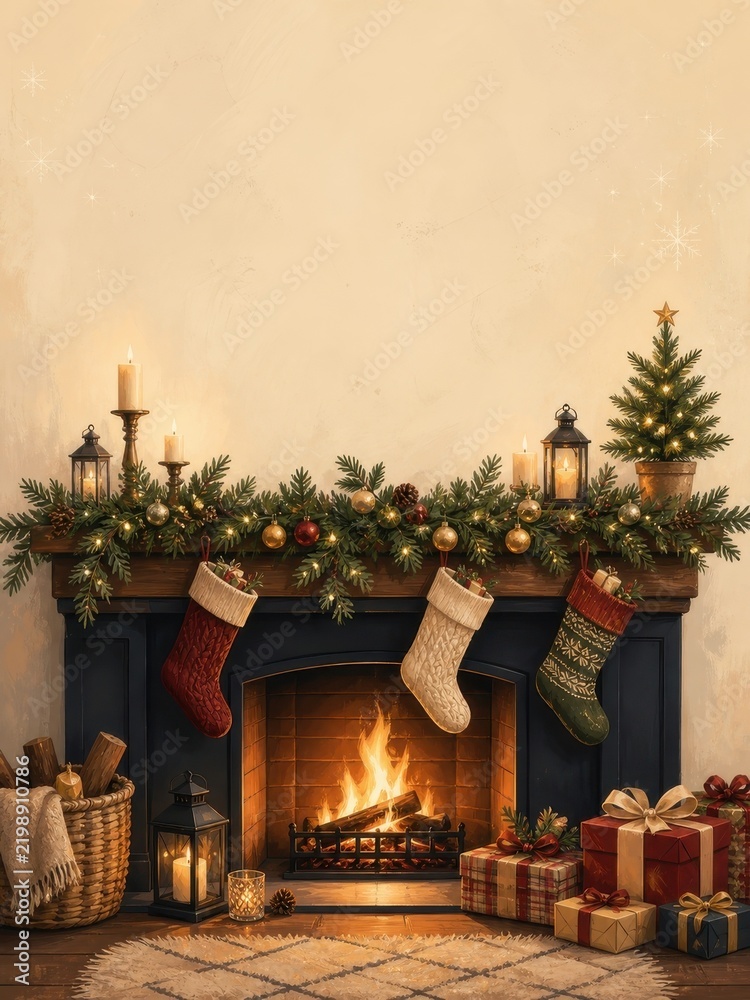 Obraz premium Cozy Christmas fireplace with festive stockings, garland, and gifts