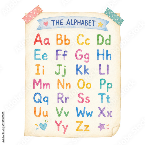 Alphabet learning poster with colorful uppercase and lowercase letters, watercolor illustration for early education and back to school concept