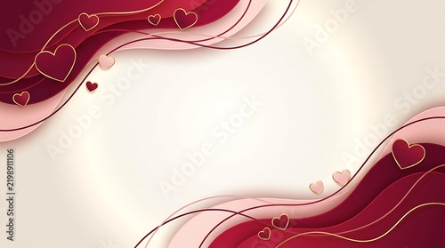 Elegant romantic background with curved red and pink waves, golden heart outlines, and soft lighting for Valentine cards