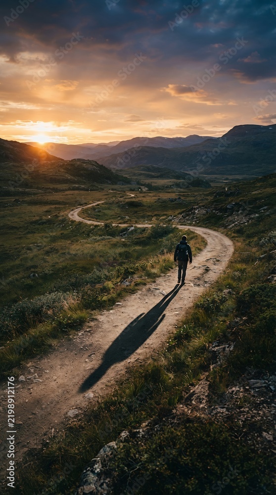 Obraz premium Lone Hiker Walks on Winding Dirt Road Through Grassy Hills at Sunset.