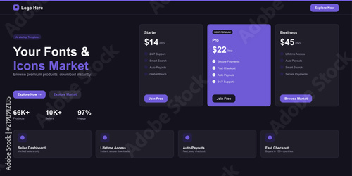 Modern minimalist tech interface with pricing cards and statistics Vector