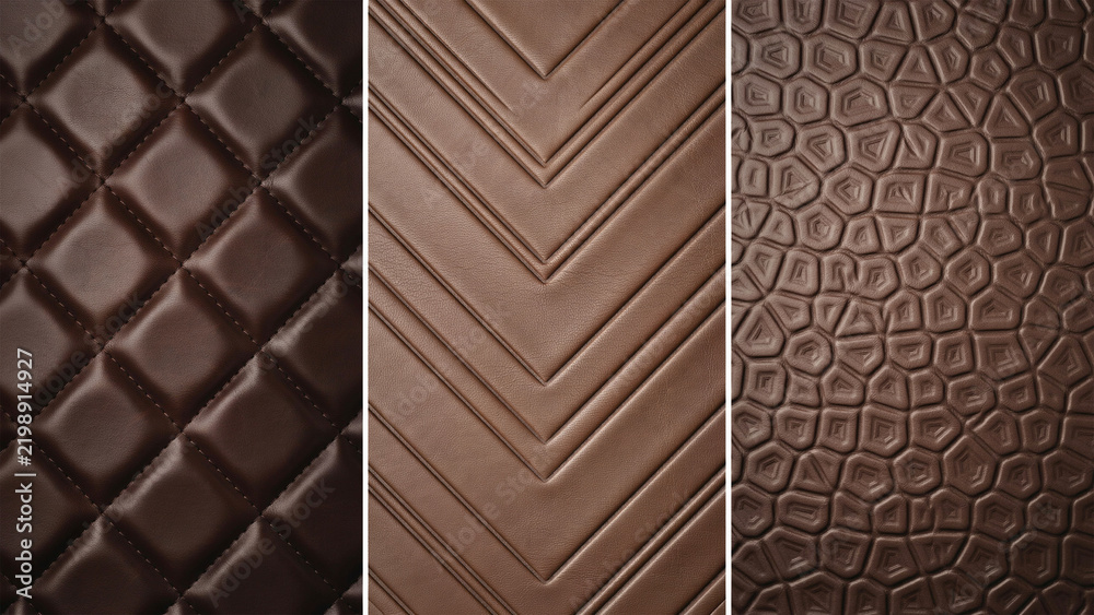 Obraz premium Three close-up leather textures in dark brown with quilted, chevron, and pebble patterns