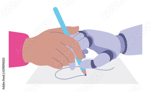 AI Assistant Robot Hand Guiding Human Hand Writing Concept
