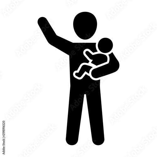 Black silhouette icon of a man holding a baby and raising one arm to wave or point