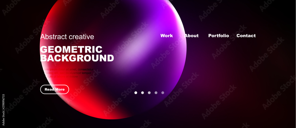 Obraz premium Vibrant abstract shapes dominate dark background. Website navigation visible, including work, about, portfolio, contact options.
