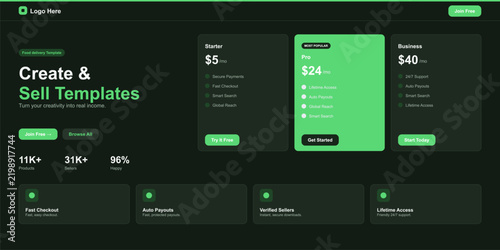 Modern green digital dashboard showing template sales analytics Vector