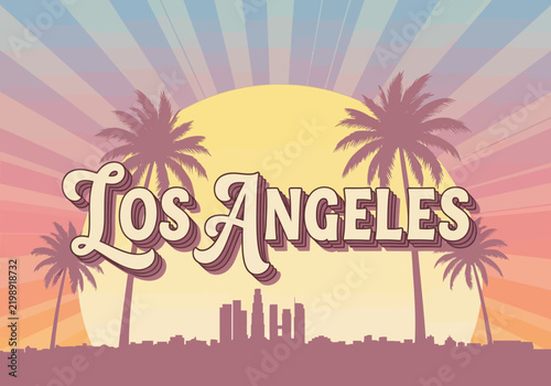Los Angeles retro sunset skyline with palm trees, vintage graphic illustration