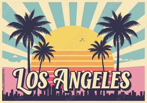 Los Angeles Retro Sunset with Palm Trees and City Skyline