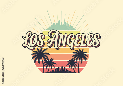 Los Angeles retro sunset with palm trees and city skyline graphic