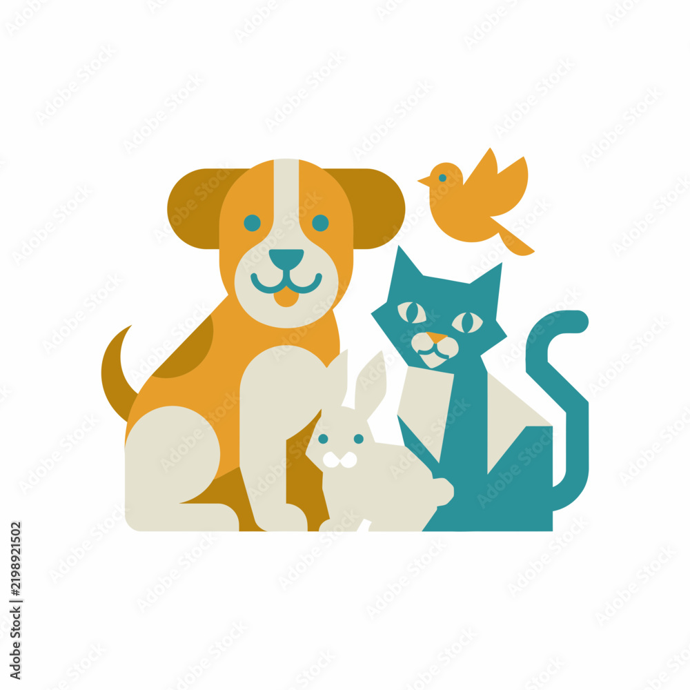 Fototapeta premium Cute domestic pets with dog cat rabbit bird.