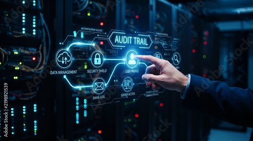 Professional businessman interacts with a holographic interface displaying digital audit trail data in a high tech server room environment tonight