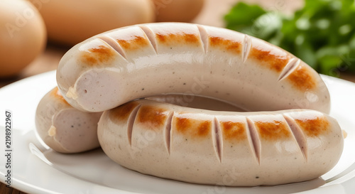 Grilled Sausages on Plate: Juicy and savory grilled sausages arranged artfully on a white plate, with whole eggs and fresh herbs in the background, creating an appetizing and hearty meal.